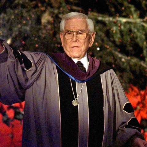 In this Dec. 24, 1997, file photo, Rev. Robert H. Schuller delivers one of seven candlelight Christmas Eve services from the Crystal Cathedral pulpit in Garden Grove, Calif.