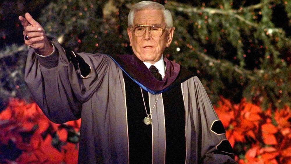 In this Dec. 24, 1997, file photo, Rev. Robert H. Schuller delivers one of seven candlelight Christmas Eve services from the Crystal Cathedral pulpit in Garden Grove, Calif.