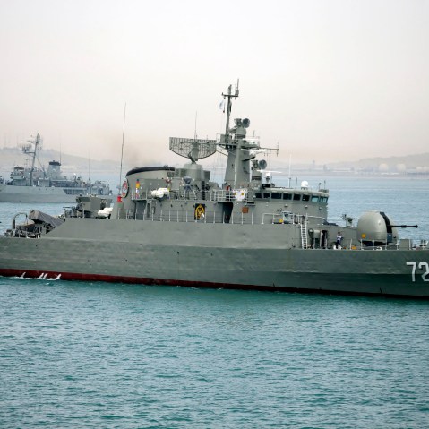 Iranian warship Alborz leaves Iran's waters. Iran dispatched two vessels to waters near Yemen as the US quickened weapons supply to the Saudi-led coalition striking rebels there, April 7, 2015. (Photo by Mahdi Marizad/Fars News Agency/AP)