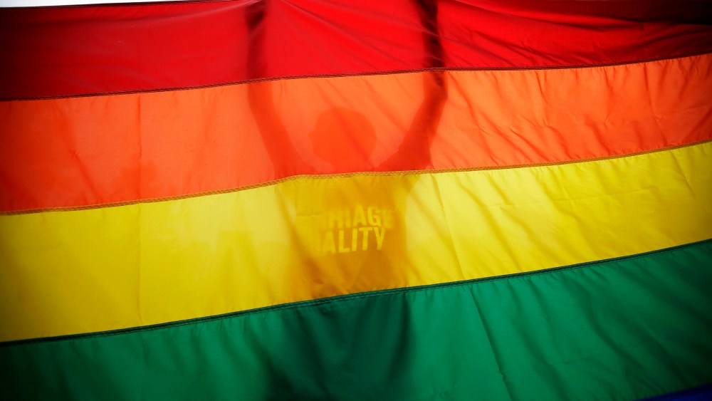 A man holds up a flag during a rally for gay marriage, June 26, 2013.