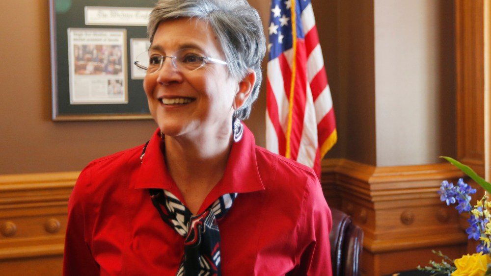 Sen. Susan Wagle, R-Wichita, and president of the Kansas Senate, talks to a reporter in her office at the Kansas Statehouse, Feb. 14, 2014.