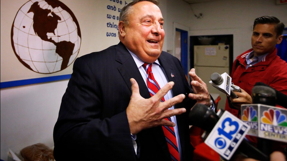 Maine Gov. Paul LePage speaks to the media at a homeless shelter on July 28, 2014, in Lewiston, Maine.
