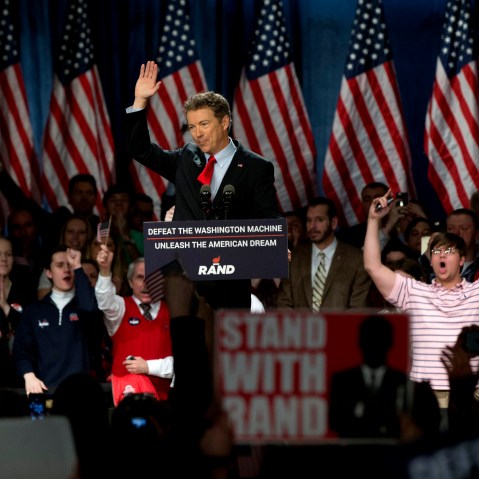 Sen. Rand Paul announces the start of his presidential campaign as the audience cheers, April 7, 2015, at the Galt House Hotel in Louisville, Ky. (Photo by Carolyn Kaster/AP)