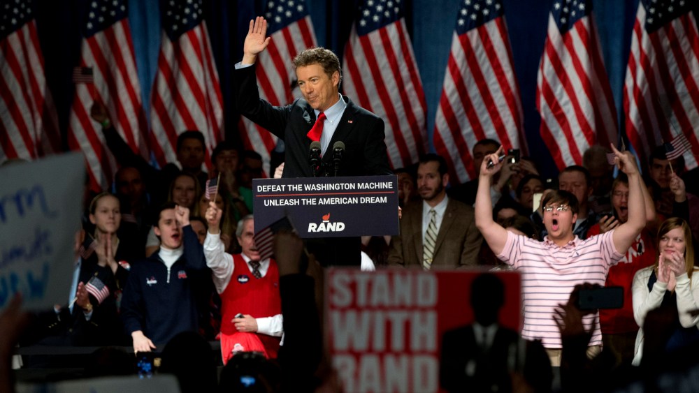 Sen. Rand Paul announces the start of his presidential campaign as the audience cheers, April 7, 2015, at the Galt House Hotel in Louisville, Ky. (Photo by Carolyn Kaster/AP)