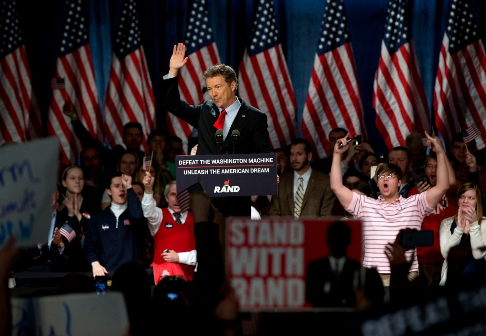 Sen. Rand Paul announces the start of his presidential campaign as the audience cheers, April 7, 2015, at the Galt House Hotel in Louisville, Ky. (Photo by Carolyn Kaster/AP)