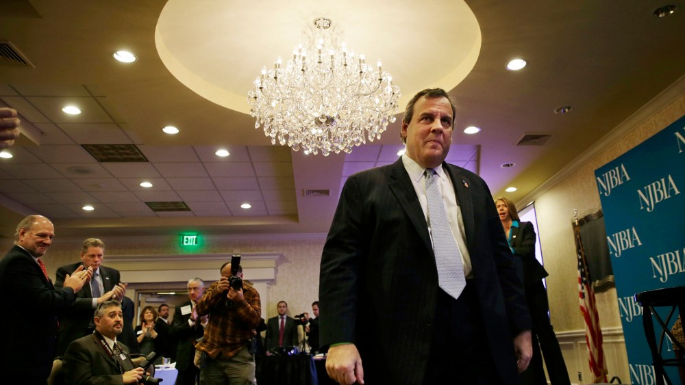 People applaud New Jersey Gov. Chris Christie after he addressed a gathering of New Jersey business leaders, Dec. 8, 2015, in East Windsor, N.J. (Photo by Mel Evans/AP)