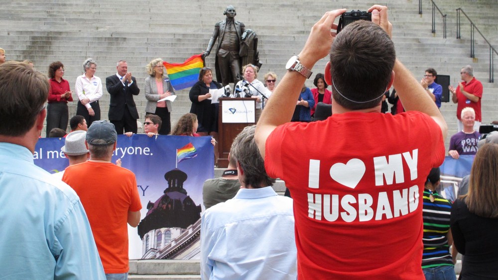 Supporters of gay marriage held a rally at the capitol the same day a Charleston County Probate judge approved an application for a same-sex marriage license. (Photo by Jeffrey Collins/AP)