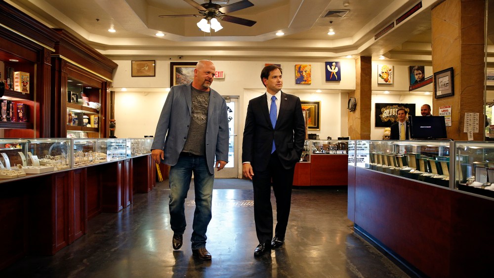 Republican presidential candidate Sen. Marco Rubio, R-Fla., tours the World Famous Gold & Silver Pawn shop with owner Rick Harrison, May 28, 2015, in Las Vegas. (Photo by John Locher/AP)