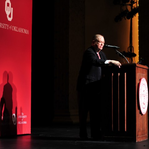 University of Oklahoma President David Boren addresses the crowd at a press conference to address racism on campus on March. 9, 2015 in Norman, Okla. (Photo by Nick Oxford/AP)