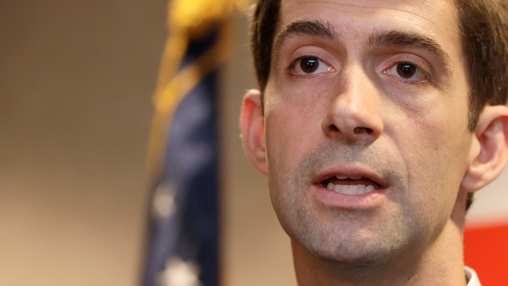 This Aug. 21, 2014, file photo shows Rep. Tom Cotton, R-Ark., as he speaks during a news conference in North Little Rock, Ark.