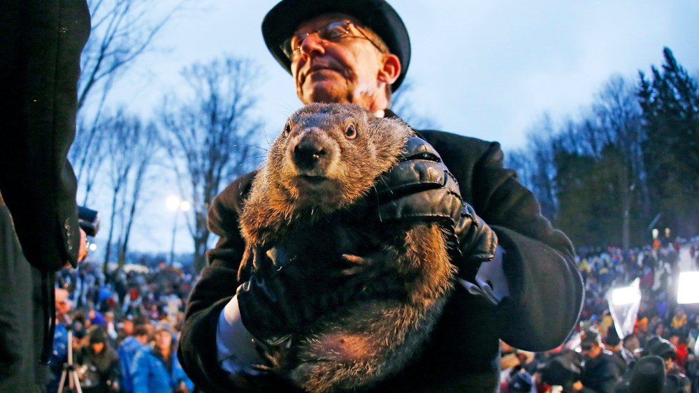 Groundhog Club handler Ron Ploucha holds Punxsutawney Phil, the weather prognosticating groundhog, during the 129th celebration of Groundhog Day on Gobbler's Knob in Punxsutawney, Pa., Feb. 2, 2015. (Photo by Gene J. Puskar/AP)