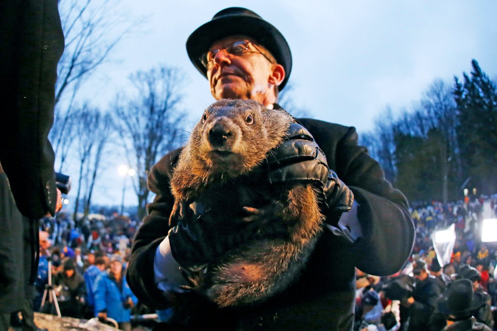 Groundhog Club handler Ron Ploucha holds Punxsutawney Phil, the weather prognosticating groundhog, during the 129th celebration of Groundhog Day on Gobbler's Knob in Punxsutawney, Pa., Feb. 2, 2015. (Photo by Gene J. Puskar/AP)