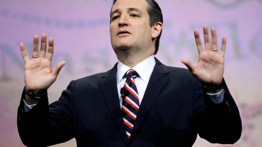 2016 presidential candidate Ted Cruz speaks at the National Rifle Association convention, April 10, 2015, in Nashville, Tenn. (Photo by Mark Humphrey/AP)