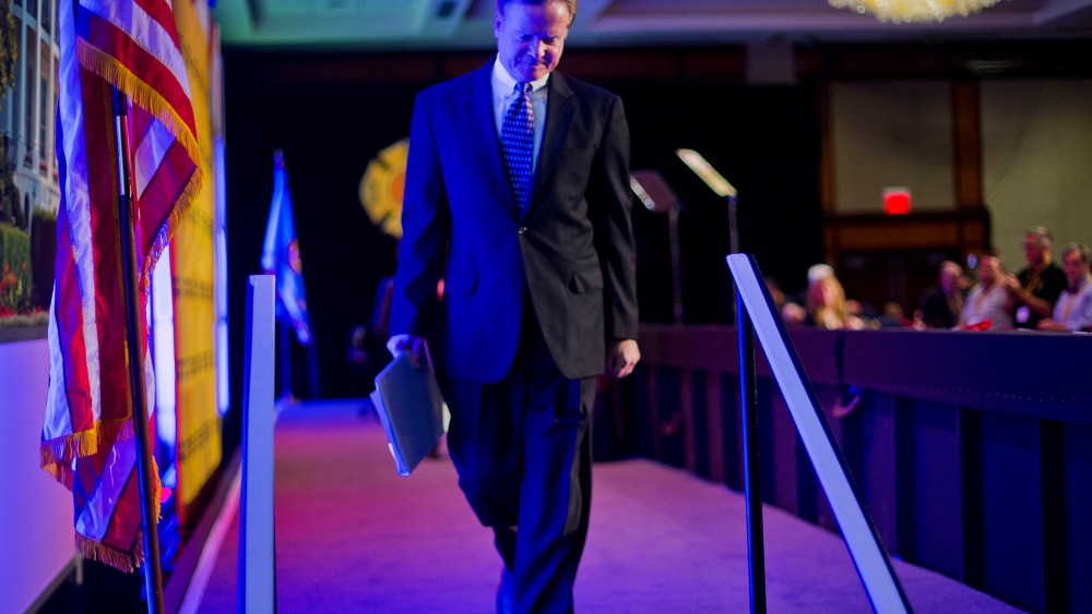 Former Virginia Sen. Jim Webb walks off stage after speaking at the International Association of Firefighters (IAFF) Legislative Conference and Presidential Forum in Washington, D.C., March 10, 2015. (Photo by Pablo Martinez Monsivais/AP)