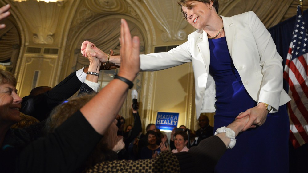 Attorney General-elect Maura Healey celebrates her victory on Nov. 4, 2014 in Boston, Mass.