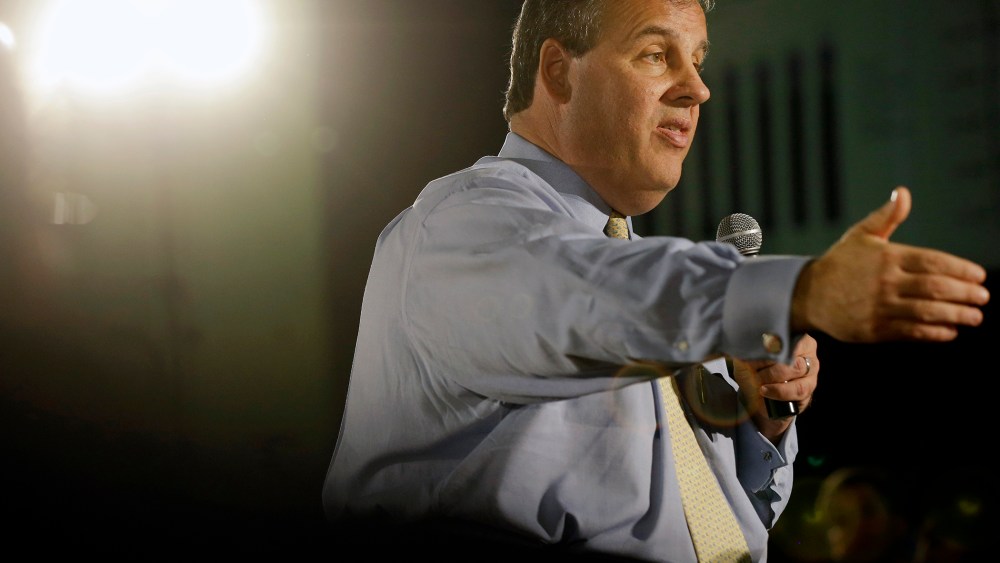 New Jersey Gov. Chris Christie addresses a gathering during a town hall meeting on April 23, 2015, in Cedar Grove, N.J. (Photo by Mel Evans/AP)