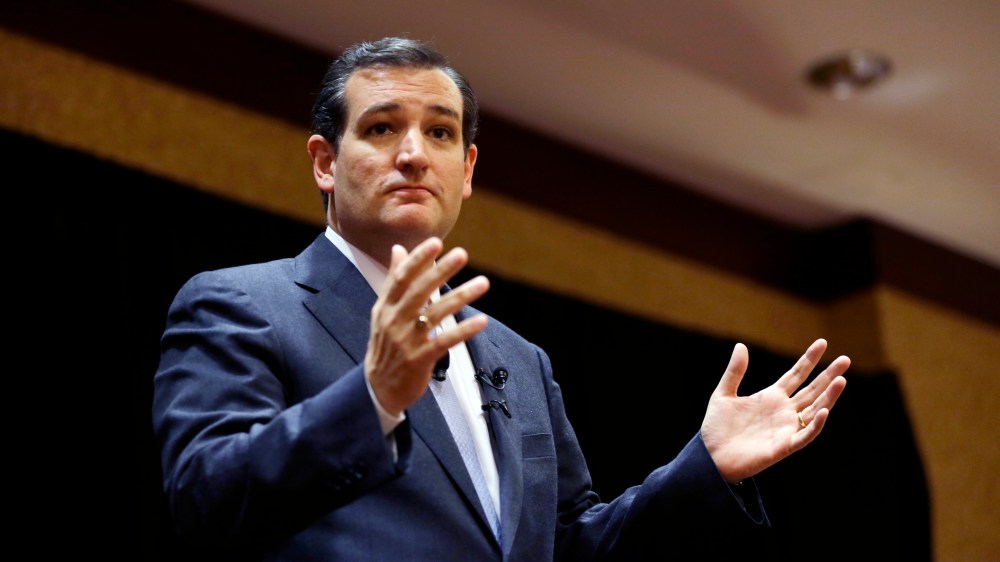 Sen. Ted Cruz speaks at the Network of Iowa Christian Home Educatorsâ state Capitol day event in Des Moines, Iowa on March 18, 2014. (Charlie Neibergall/AP)