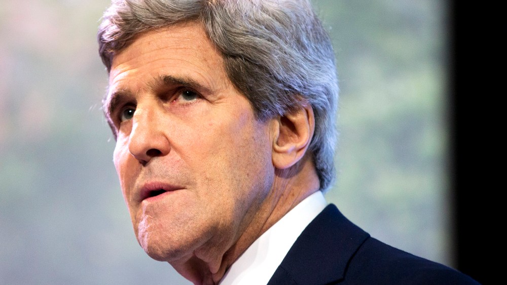 Secretary of State John Kerry pauses as he delivers a speech on climate change in Jakarta, Indonesia, Feb. 16, 2014.