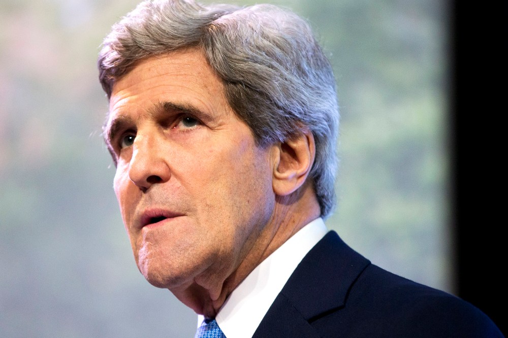 Secretary of State John Kerry pauses as he delivers a speech on climate change in Jakarta, Indonesia, Feb. 16, 2014.