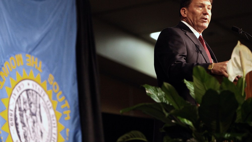 Mike Rounds, Republican candidate in 2014 for U.S. Senate in South Dakota speaks at the South Dakota Republican Convention at the Rushmore Plaza Civic Center in Rapid City, S.D., June 20, 2014. (Photo by Toby Brusseau/AP)