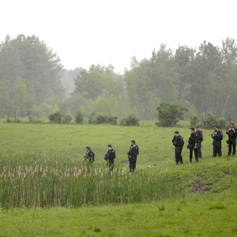 Law enforcement officers walk through a field searching for escaped prisoners near Essex, N.Y., June 9, 2015. (Photo by Seth Wenig/AP)