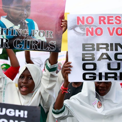 Women attend a demonstration calling on government to rescue kidnapped school girls of a government secondary school Chibok, in Lagos, Nigeria, May. 5, 2014.