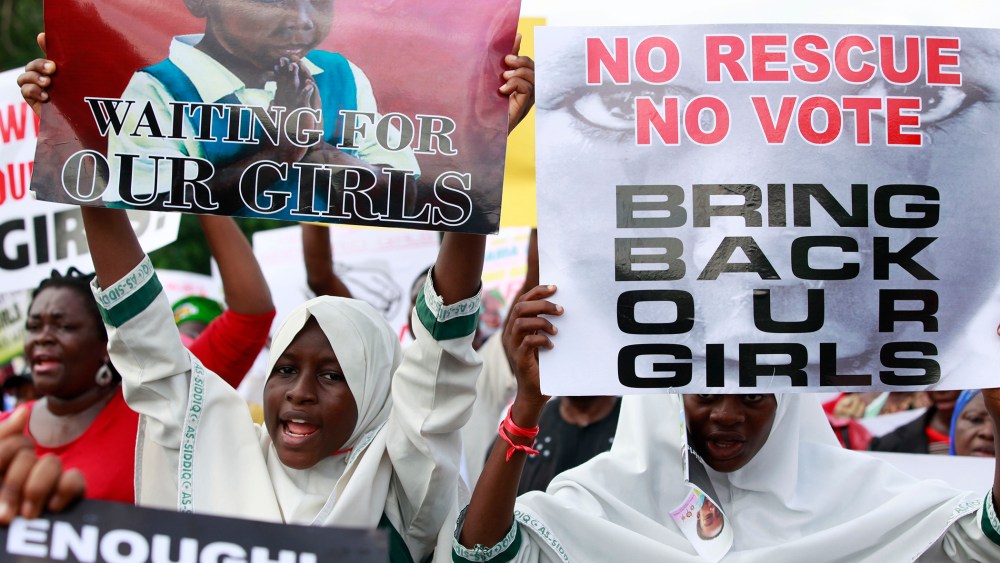 Women attend a demonstration calling on government to rescue kidnapped school girls of a government secondary school Chibok, in Lagos, Nigeria, May. 5, 2014.