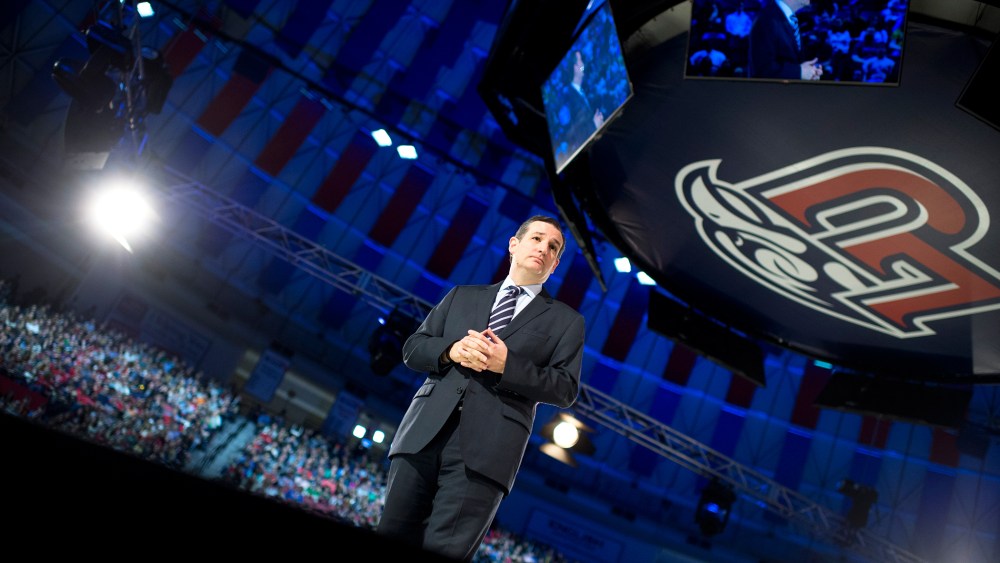 Sen. Ted Cruz, R-Texas, speaks at Liberty University's Vines Center in Lynchburg, Va., where he announced his candidacy for President of the United States, March 23, 2015. (Photo By Tom Williams/CQ Roll Call/AP)
