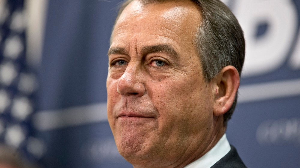 House Speaker John Boehner of Ohio meets with reporters on Capitol Hill in Washington, Wednesday, April 10, 2013, following a Republican strategy session, and the release of President Barack Obama's proposed fiscal 2014 federal budget.  (AP Photo/J....