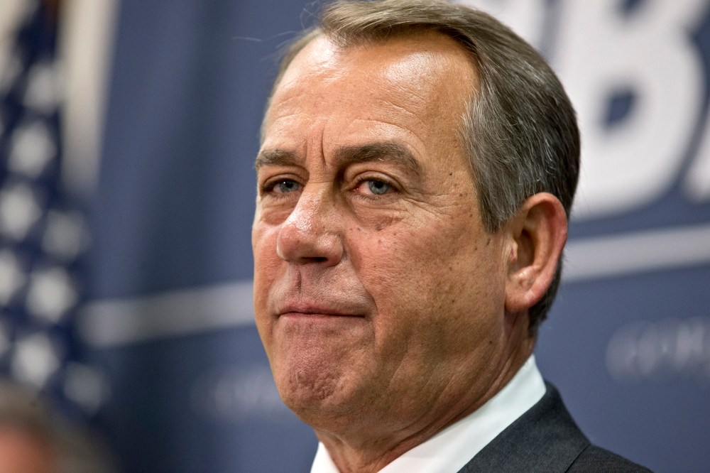 House Speaker John Boehner of Ohio meets with reporters on Capitol Hill in Washington, Wednesday, April 10, 2013, following a Republican strategy session, and the release of President Barack Obama's proposed fiscal 2014 federal budget.  (AP Photo/J....