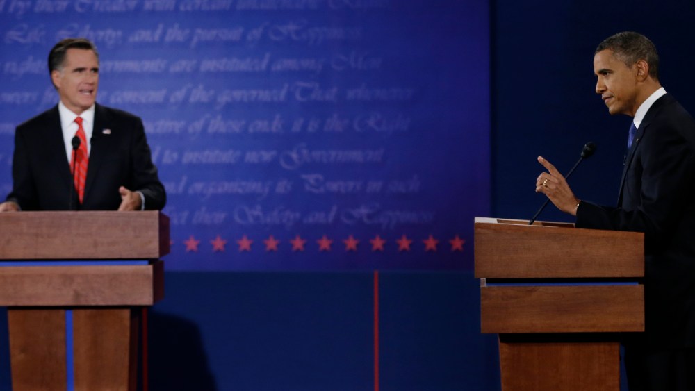 The first presidential debate at the University of Denver on Oct. 3, 2012. (Photo: AP/Eric Gay)