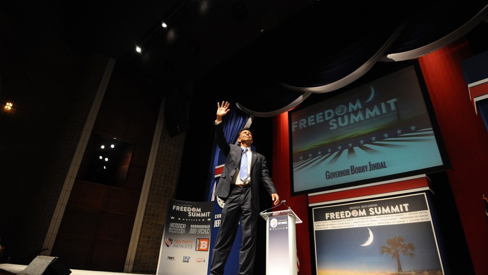 Louisiana Gov. Bobby Jindal waves after speaking at the Freedom Summit, May 9, 2015, in Greenville, S.C. (Photo by Rainier Ehrhardt/AP)