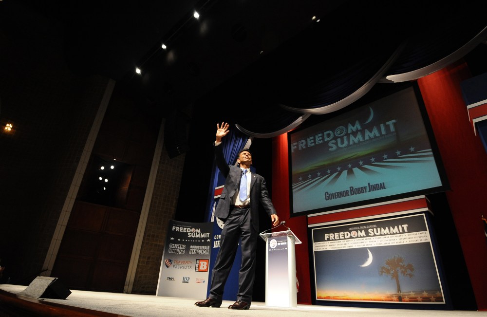 Louisiana Gov. Bobby Jindal waves after speaking at the Freedom Summit, May 9, 2015, in Greenville, S.C. (Photo by Rainier Ehrhardt/AP)