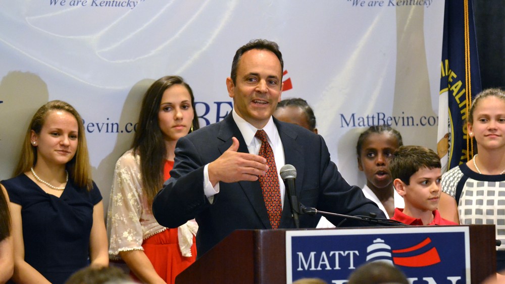 Kentucky Republican gubernatorial candidate Matt Bevin addresses supporters at the Galt House Hotel in Louisville, Ky., May 19, 2015. (Photo by Dylan Lovan/AP)