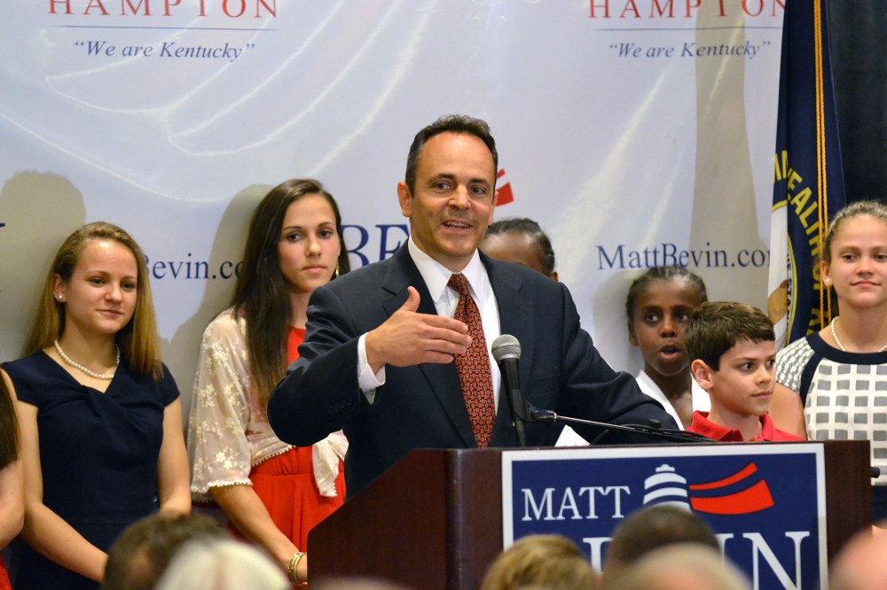 Kentucky Republican gubernatorial candidate Matt Bevin addresses supporters at the Galt House Hotel in Louisville, Ky., May 19, 2015. (Photo by Dylan Lovan/AP)