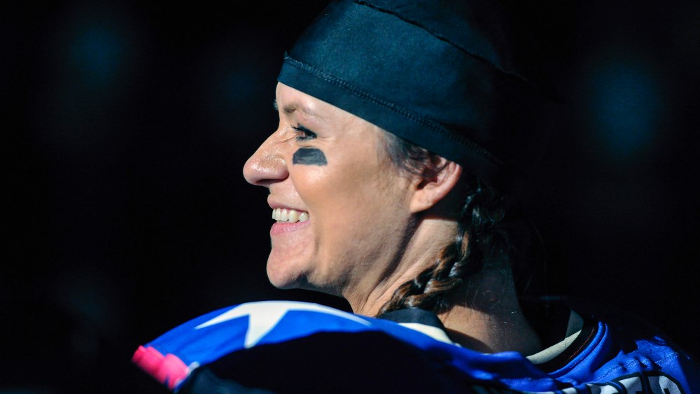 Then-Texas Revolution running back Jen Welter during pre game activities prior to the Revolution playing the Cedar Rapids Titans in an Indoor Football League game at the Allen Event Center Friday, Feb. 21, 2014. (Photo by Cal Sport Media/AP)