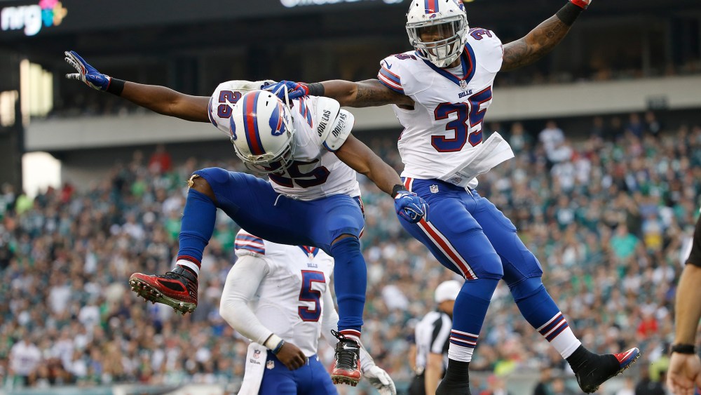 Buffalo Bills' LeSean McCoy (25) and Mike Gillislee (35) celebrate after Gillislee's touchdown during the second half of an NFL football game against the Philadelphia Eagles, Dec. 13, 2015, in Philadelphia. (Photo by Matt Rourke/AP)