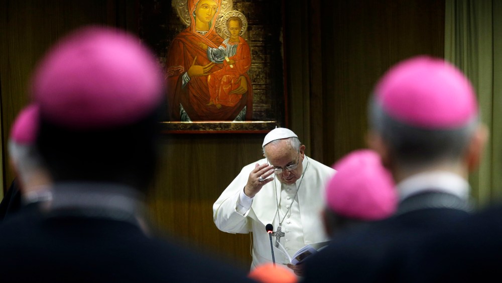 Pope Francis attends a morning session of a two-week synod on family issues at the Vatican, Oct. 13, 2014. (Photo by Gregorio Borgia/AP)