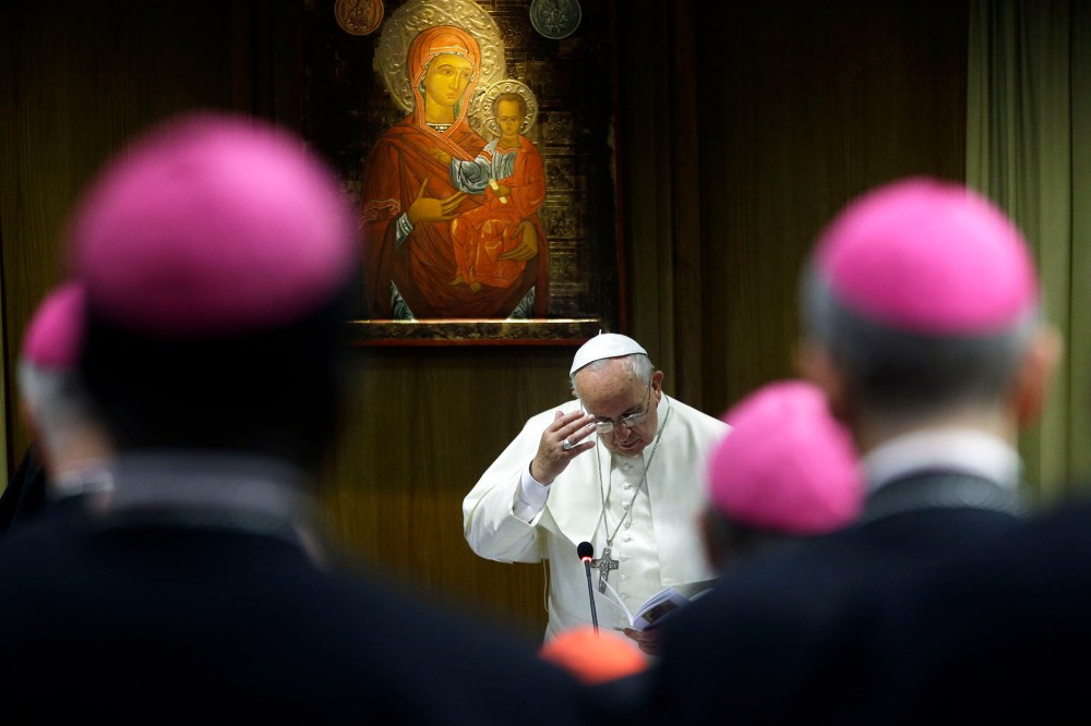 Pope Francis attends a morning session of a two-week synod on family issues at the Vatican, Oct. 13, 2014. (Photo by Gregorio Borgia/AP)