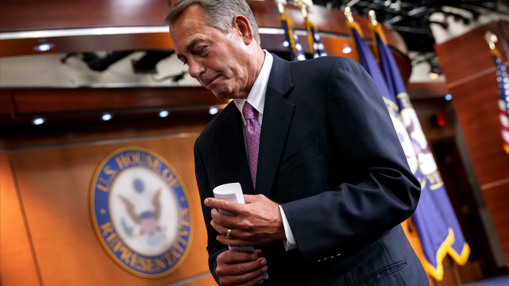 House Speaker John Boehner of Ohio wraps up a news conference on his legislative agenda, March 26, 2014, in Washington, D.C.