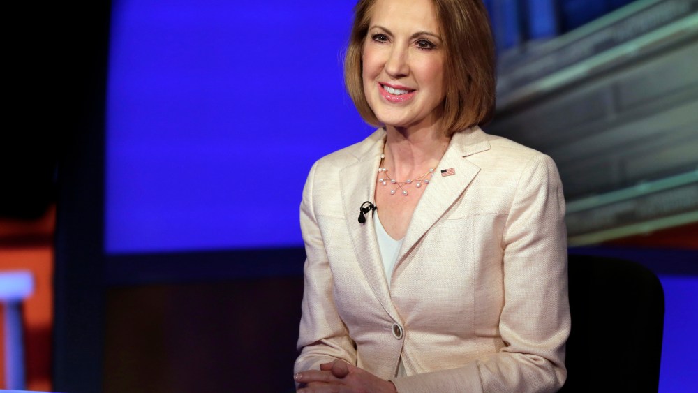 Republican presidential candidate Carly Fiorina, the former Hewlett-Packard chief executive, is interviewed by Neil Cavuto, during the "Cavuto" program on the Fox Business Network, in New York, May 6, 2015. (Photo by Richard Drew/AP)