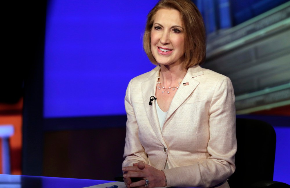 Republican presidential candidate Carly Fiorina, the former Hewlett-Packard chief executive, is interviewed by Neil Cavuto, during the "Cavuto" program on the Fox Business Network, in New York, May 6, 2015. (Photo by Richard Drew/AP)