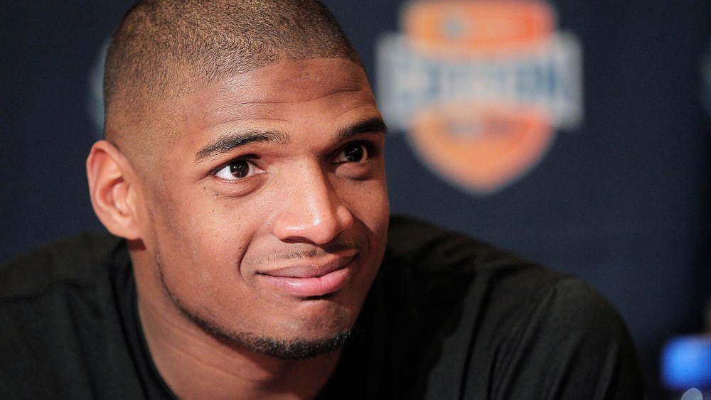 Michael Sam speaks to the media on Jan. 1, 2014, in Irving, Texas.