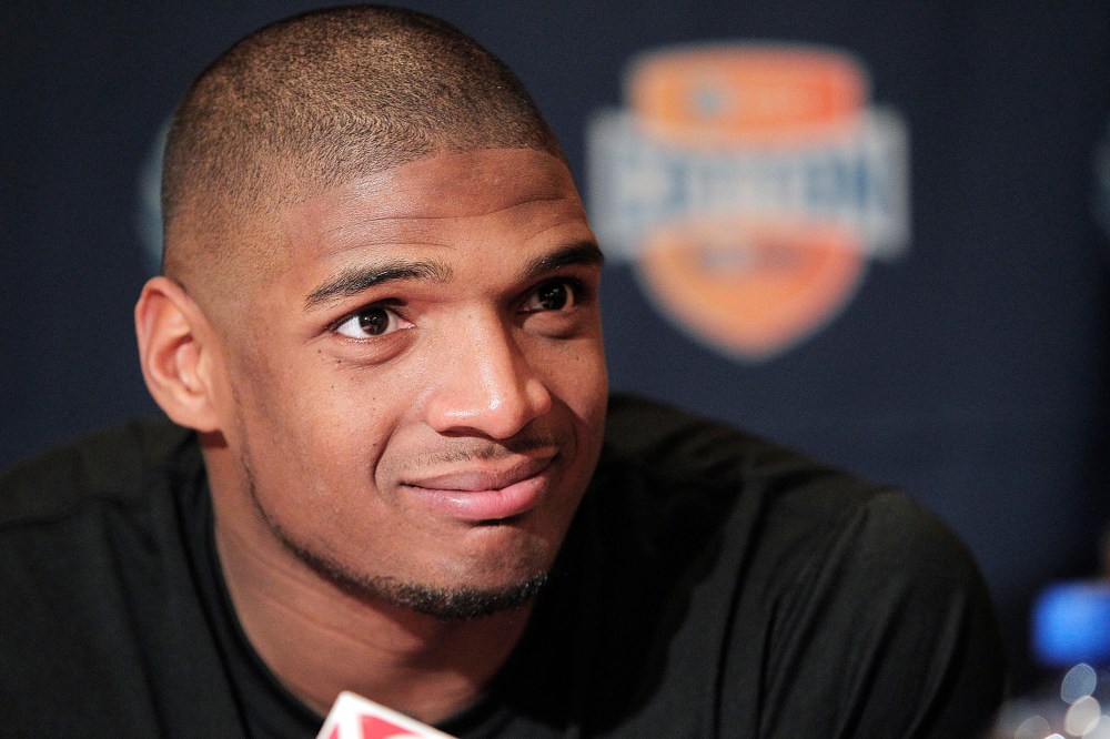 Michael Sam speaks to the media on Jan. 1, 2014, in Irving, Texas.