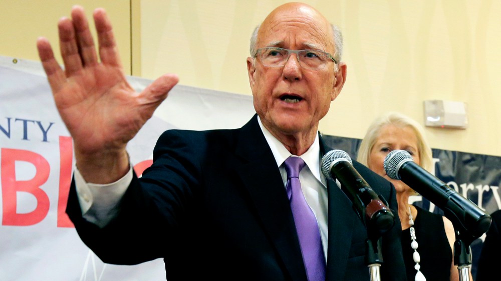 U.S. Sen. Pat Roberts makes his victory speech at a Johnson County Republican's election watch party Tuesday, Aug. 5, 2014, in Overland Park, Kan. (Photo by Charlie Riedel/AP)