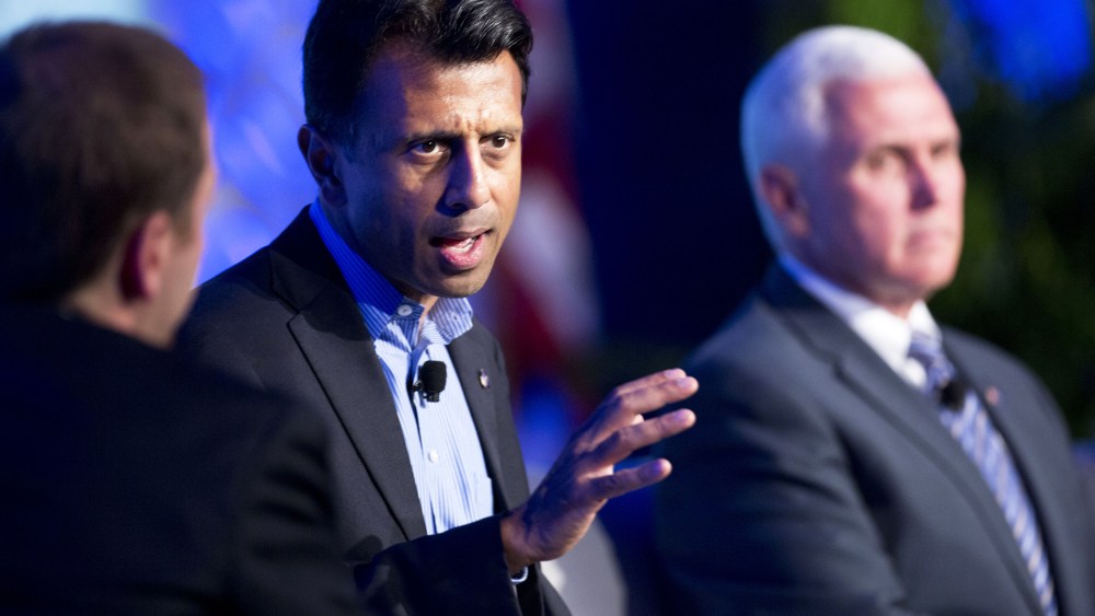 Louisiana Gov. Bobby Jindal talks about recent Republican party gains and the road ahead for their party during a press conference at the Republican governors' conference in Boca Raton, Fla., Nov. 19, 2014.