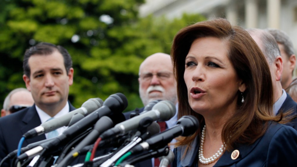 File photo: Rep. Michele Bachmann, R-Minn. chair of the Tea Party Caucus speaks on Capitol Hill in Washington, Thursday, May 16, 2013. (Photo by Molly Riley/AP Photo)