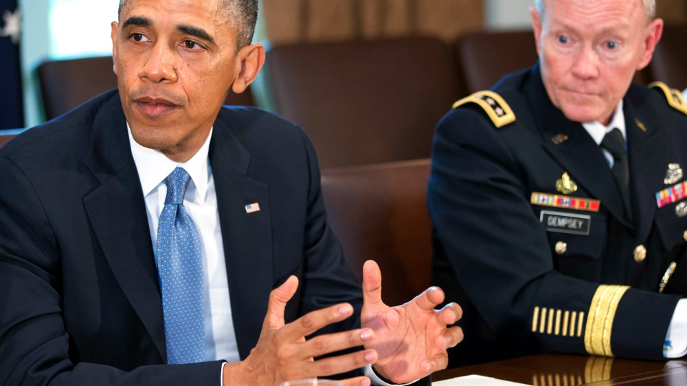 President Barack Obama speaks during a meeting with Joint Chiefs Chairman Gen. Martin Dempsey, left, Defense Secretary Chuck Hagel, and the service secretaries, service chiefs, and senior enlisted advisers to discuss sexual assault in the military in...
