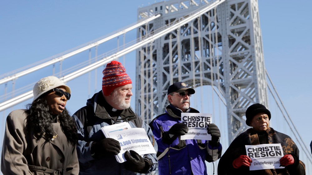 New Jersey residents protest near the George Washington Bridge, Feb. 11, 2014.