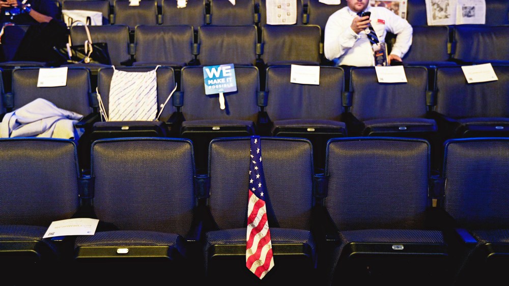 An American flag tie holds the seat for a delegate before the start of the Democratic National Convention in Charlotte, N.C., Sept. 6, 2012.